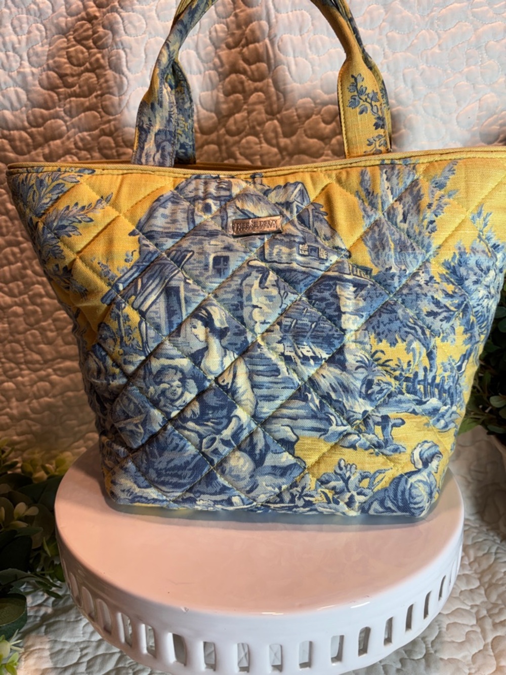 Pierre Deux Vintage 80’s Yellow & Blue Quilted Toile Satchel Tote